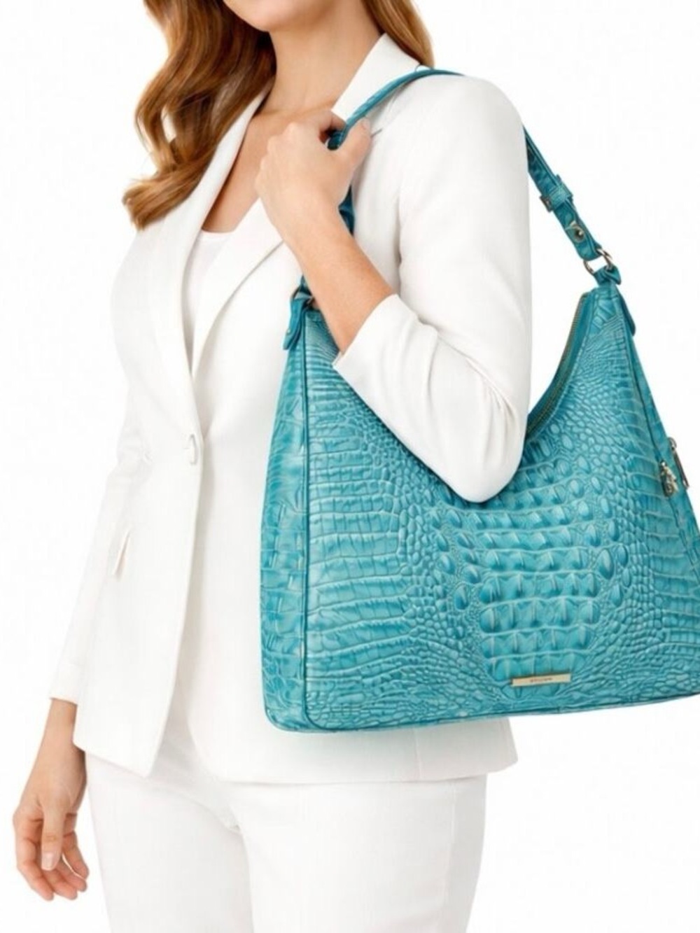 Brahmin Tabitha Melbourne Leather Shoulder Bag Aqua Blue Croc Embossed